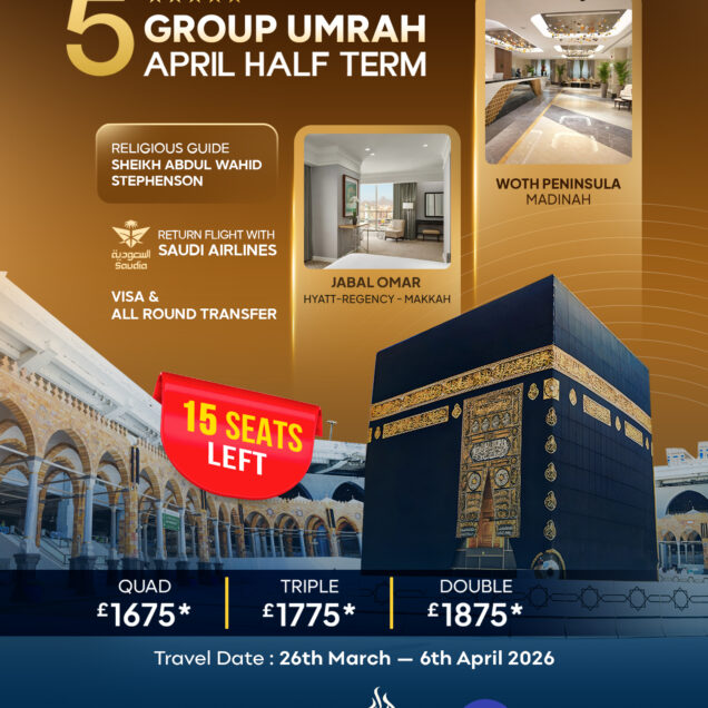 5 Star Group Umrah Package photo card showing the Kaaba with April half-term group travel details.