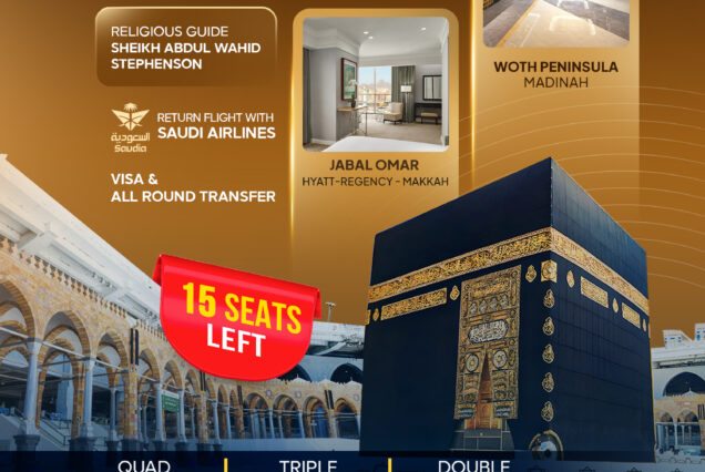 5 Star Group Umrah Package photo card showing the Kaaba with April half-term group travel details.