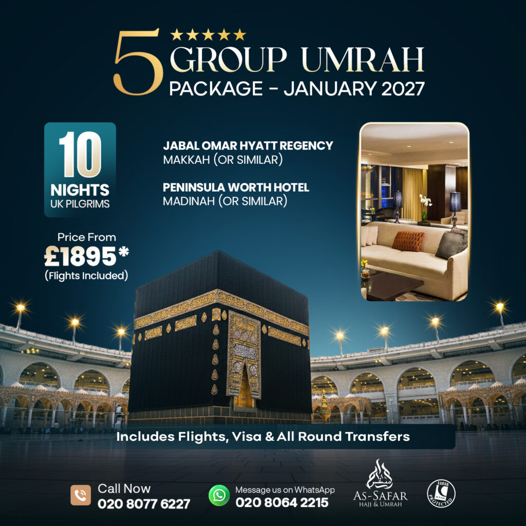 5 Star Group Umrah Package January photo card showing the Kaaba at Masjid al-Haram with group travel details.