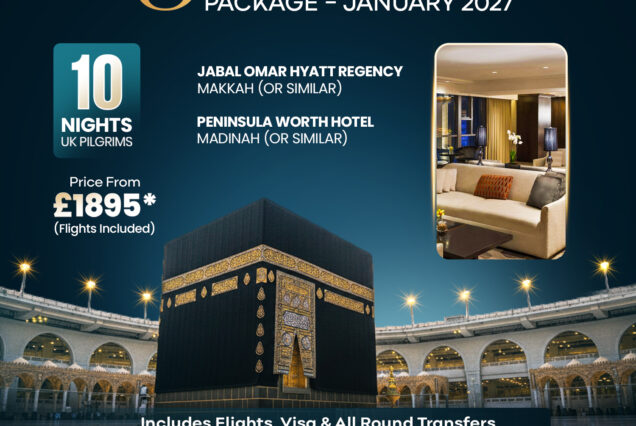 5 Star Group Umrah Package January photo card showing the Kaaba at Masjid al-Haram with group travel details.