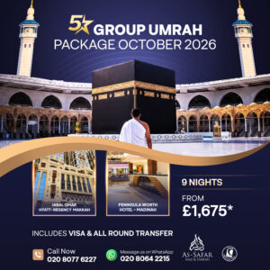 5 Star Group Umrah Package October photo card showing the Kaaba at Masjid al-Haram with group travel details.
