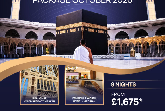 5 Star Group Umrah Package October photo card showing the Kaaba at Masjid al-Haram with group travel details.