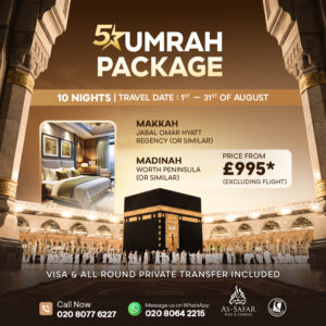 5 Star Umrah Package August photo card showing the Kaaba at Masjid al-Haram with hotel details.