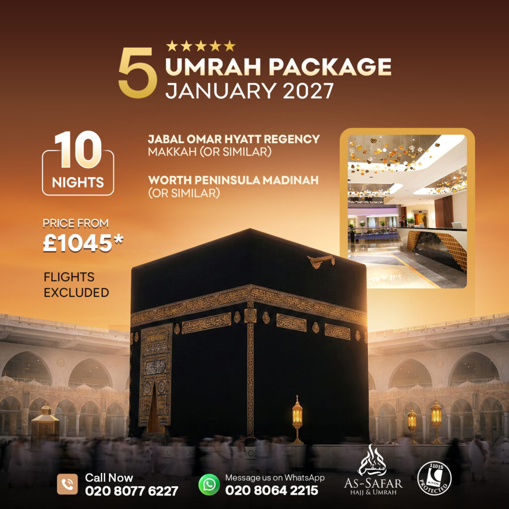 5 Star Umrah Package January photo card showing the Kaaba at Masjid al-Haram with January travel details.