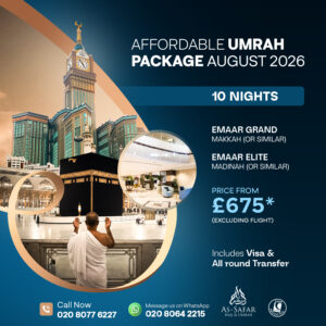 Affordable Umrah Package August photo card showing the Kaaba at Masjid al-Haram with hotel details.