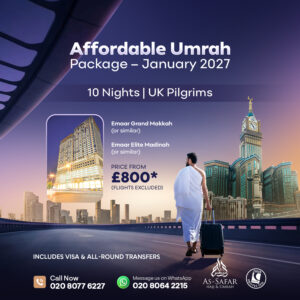 Affordable Umrah Package January photo card showing a pilgrim walking toward the Makkah skyline with the Kaaba area context.