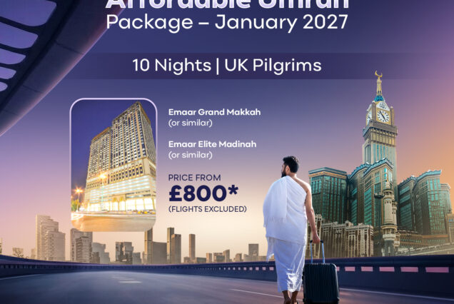 Affordable Umrah Package January photo card showing a pilgrim walking toward the Makkah skyline with the Kaaba area context.