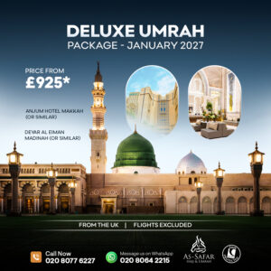 5 Deluxe Umrah Package January photo card showing mosque architecture and the green dome of Al-Masjid an-Nabawi.
