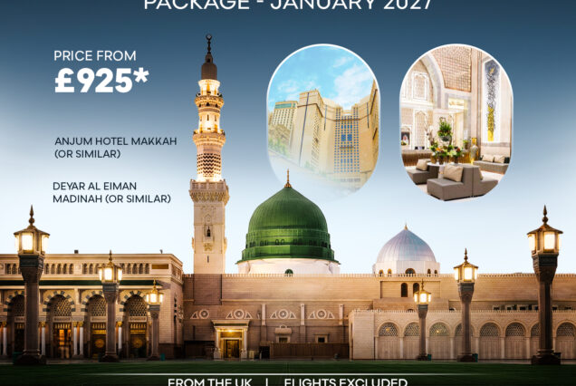 5 Deluxe Umrah Package January photo card showing mosque architecture and the green dome of Al-Masjid an-Nabawi.