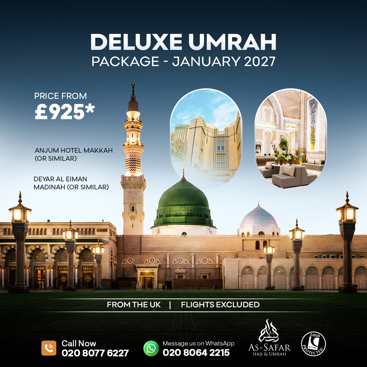 5 Deluxe Umrah Package January photo card showing mosque architecture and the green dome of Al-Masjid an-Nabawi.