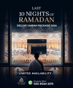 Last 10 Nights Ramadan Umrah Package photo card showing the Kaaba at Masjid al-Haram during Ramadan.