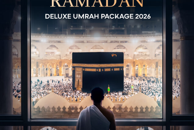 Last 10 Nights Ramadan Umrah Package photo card showing the Kaaba at Masjid al-Haram during Ramadan.